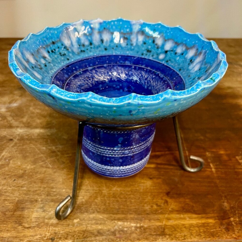 Beautiful Blue glazed ceramic patio table top torch W/steel stand.